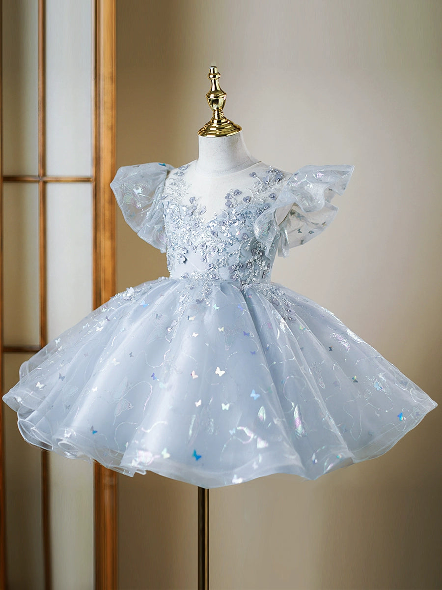Robe de Soirée pour Fille à Manches Courtes et Col Rond avec Appliques en Cristal