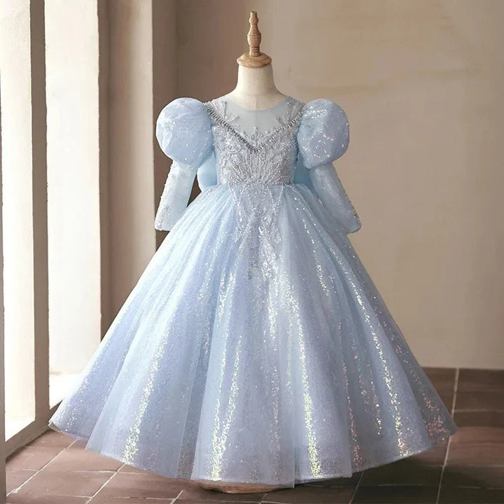 Robe de Bal à Manches Longues avec Appliques de Perles et Nœud pour Fille