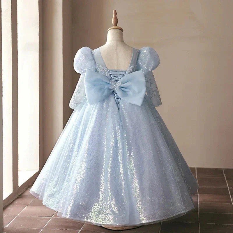 Robe de Bal à Manches Longues avec Appliques de Perles et Nœud pour Fille