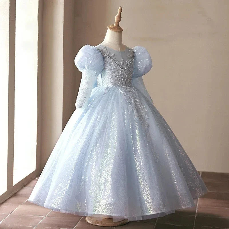 Robe de Bal à Manches Longues avec Appliques de Perles et Nœud pour Fille