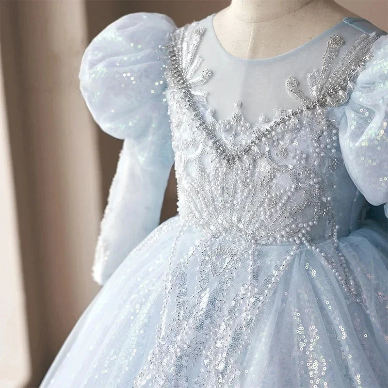 Robe de Bal à Manches Longues avec Appliques de Perles et Nœud pour Fille