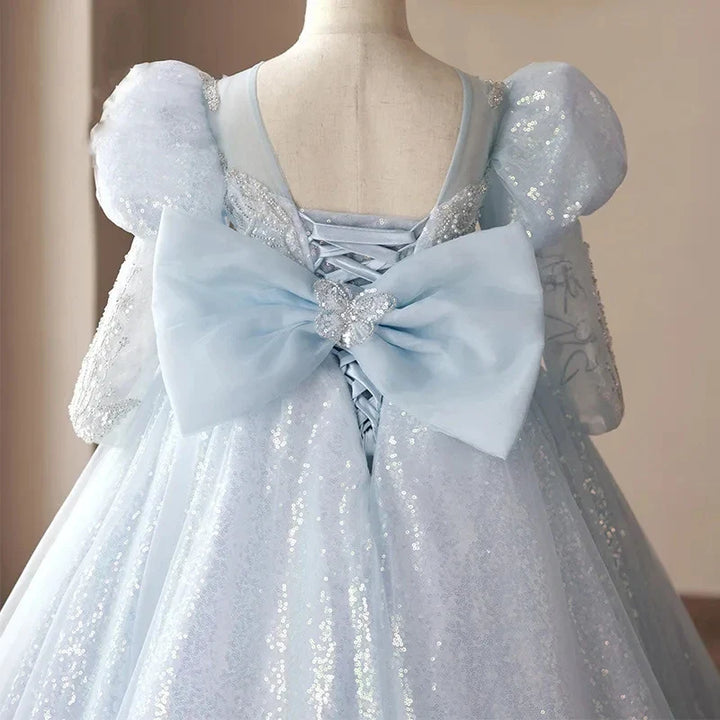 Robe de Bal à Manches Longues avec Appliques de Perles et Nœud pour Fille