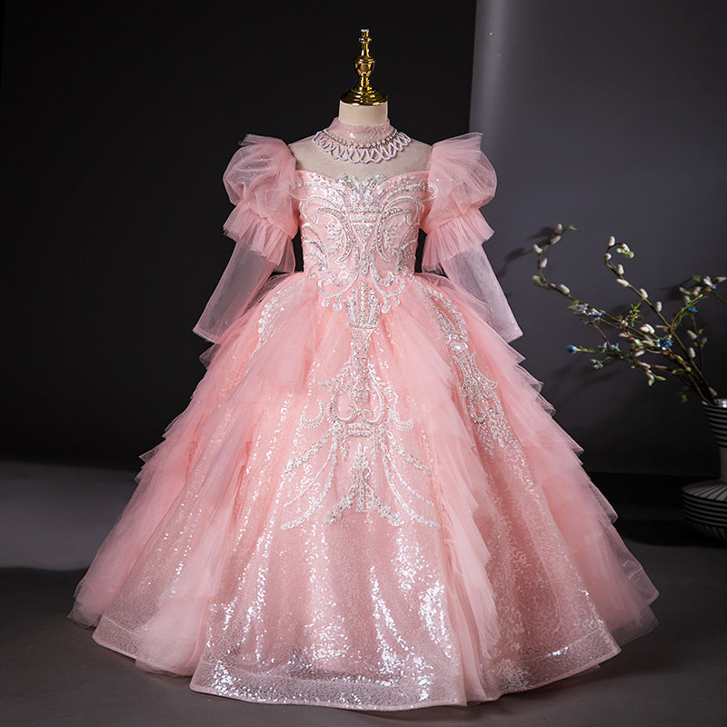 Robe de Soirée à Col Haut et Manches Longues pour Fille avec Appliques en Strass