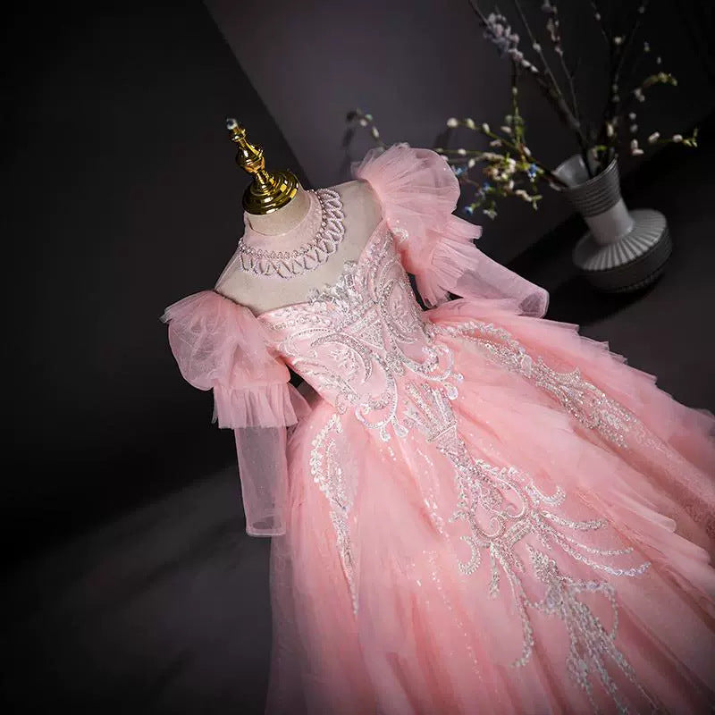 Robe de Soirée à Col Haut et Manches Longues pour Fille avec Appliques en Strass