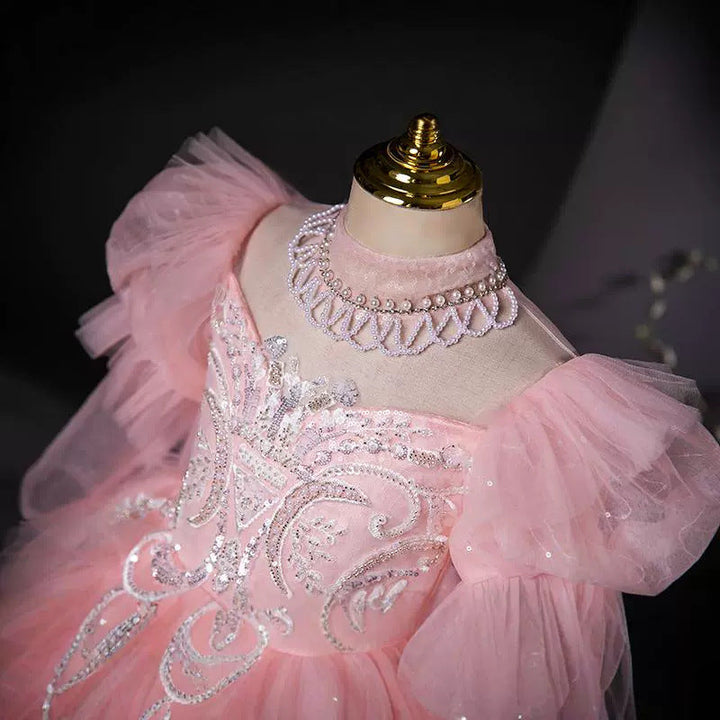 Robe de Soirée à Col Haut et Manches Longues pour Fille avec Appliques en Strass