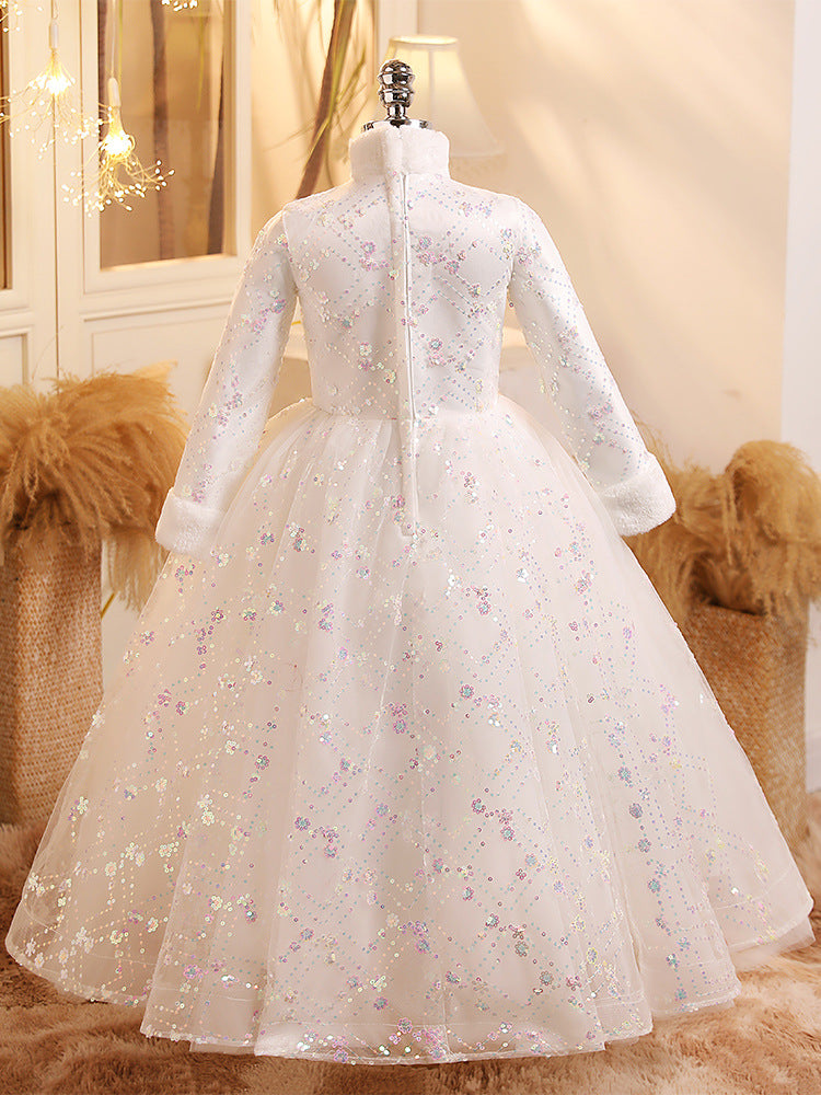 Robe de Bal à Manches Longues pour Fille Brillante, Robe de Soirée D'Hiver avec Appliques en Cristal