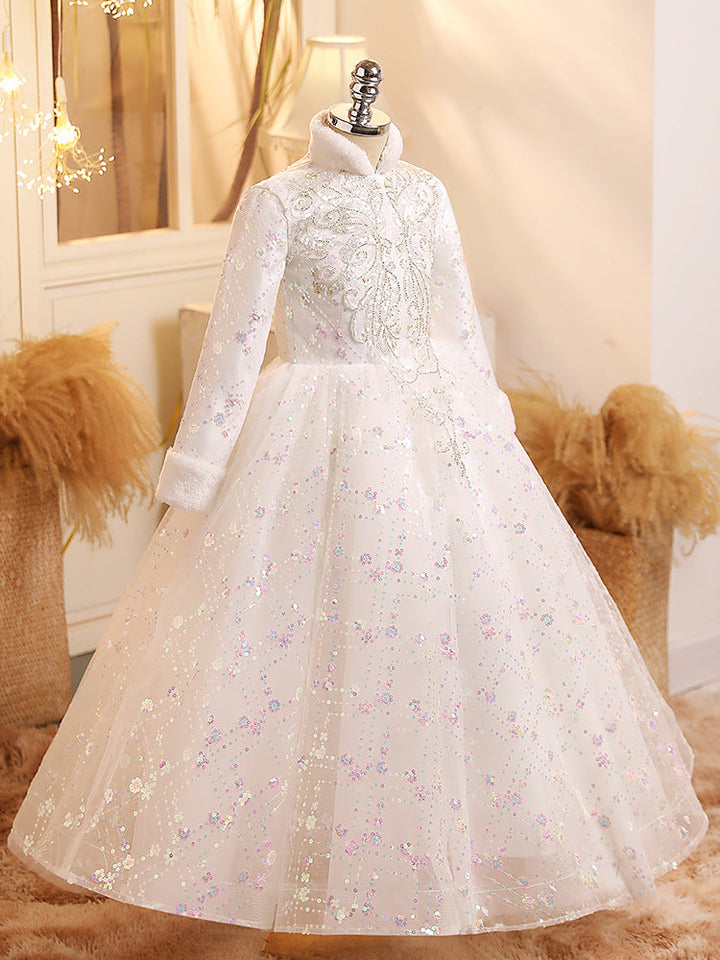 Robe de Bal à Manches Longues pour Fille Brillante, Robe de Soirée D'Hiver avec Appliques en Cristal