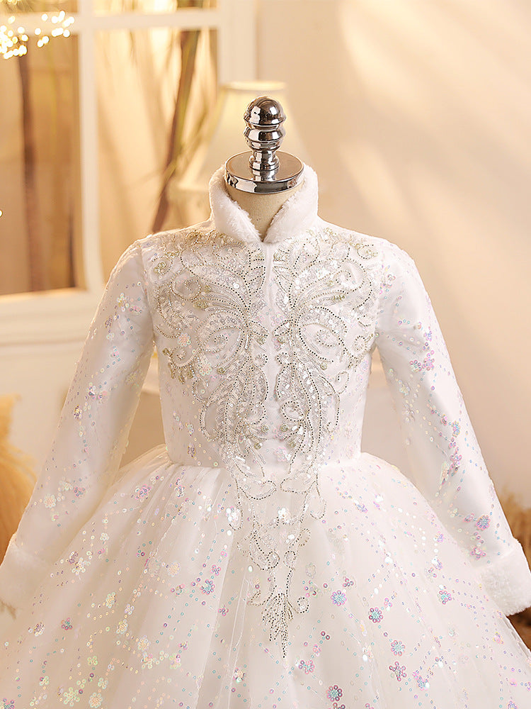 Robe de Bal à Manches Longues pour Fille Brillante, Robe de Soirée D'Hiver avec Appliques en Cristal