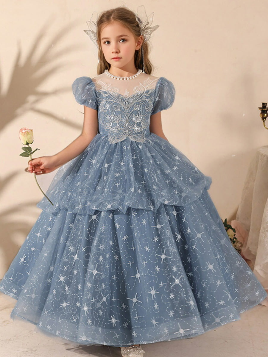 Robe de Bal à Manches Courtes et Col Rond avec Perles et Strass pour Fille