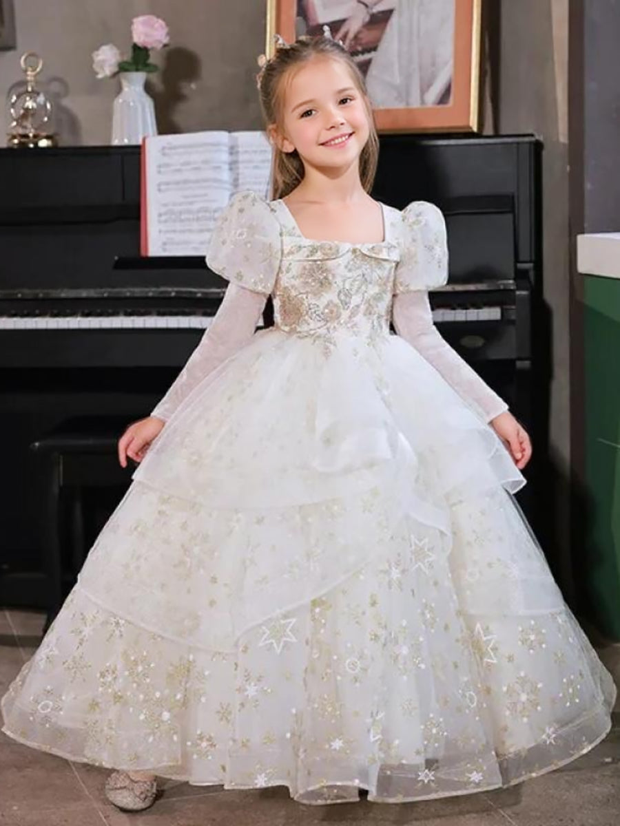 Robe de Bal à Manches Longues et Col Carré pour Fille à Fleurs avec Appliqués