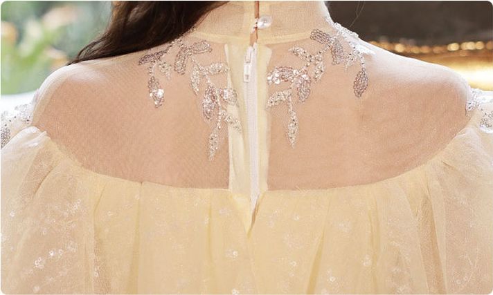 Robe de Demoiselle D'Honneur en Dentelle à Manches 3/4 et Col Haut, Coupe Trapèze/Princesse, avec Appliques en Strass