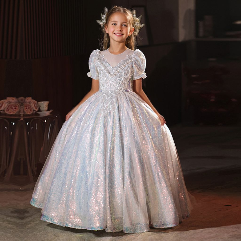 Robe de Soirée A-Line/Princess à Manches Courtes et Brillante pour Fille avec Appliques en Strass