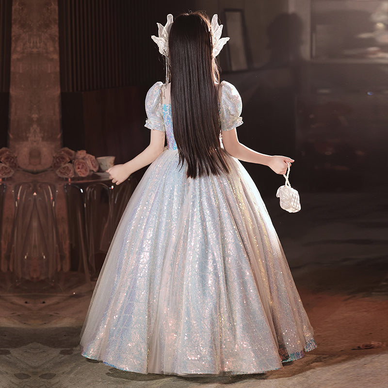 Robe de Soirée A-Line/Princess à Manches Courtes et Brillante pour Fille avec Appliques en Strass