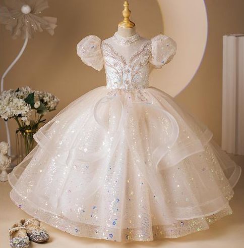 Robe de Soirée à Manches Courtes et Col Haut pour Fille avec Appliques en Strass