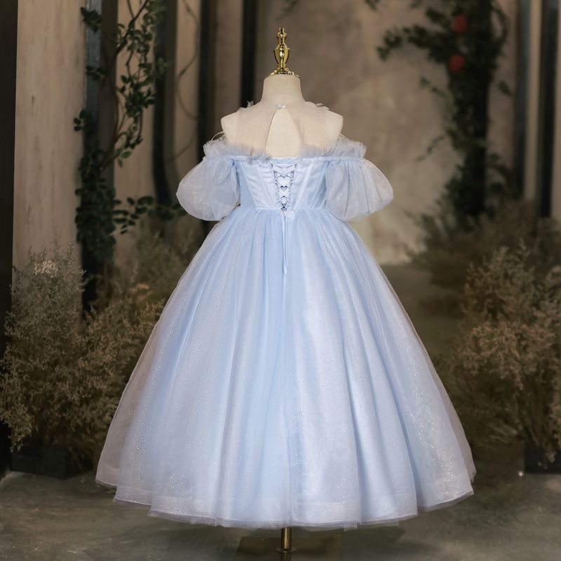 Robe de Soirée Longue à Épaules Dénudées en Forme de A/Princesse pour Fille avec Plumes