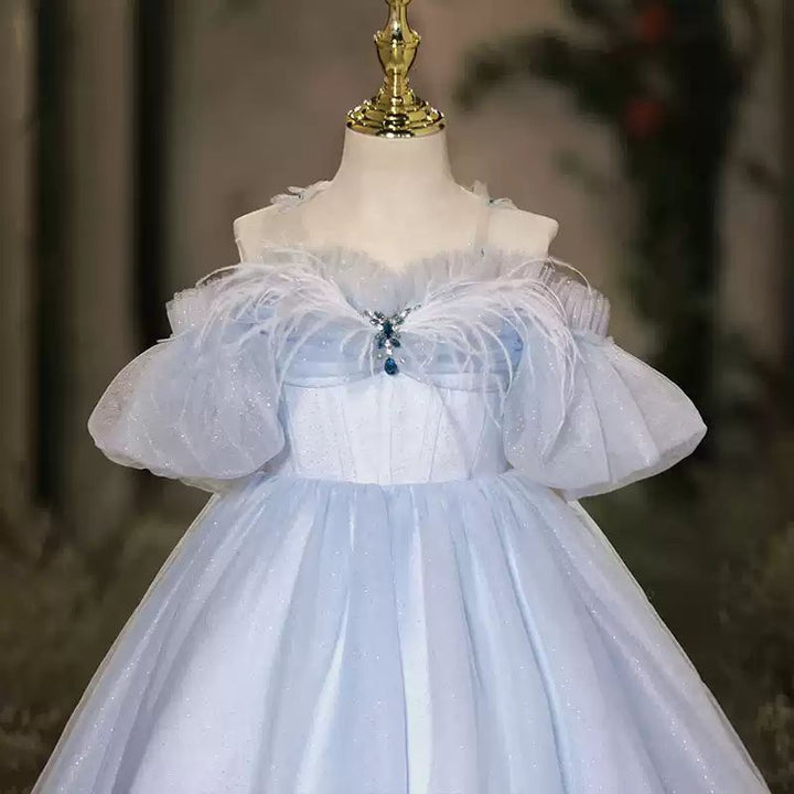 Robe de Soirée Longue à Épaules Dénudées en Forme de A/Princesse pour Fille avec Plumes