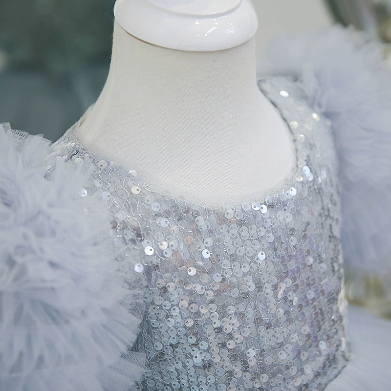 Robe de Soirée à Paillettes pour Fille, Longueur Thé, Col Rond, Manches Courtes, Superposée