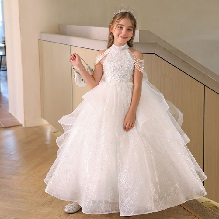 Robe de Soirée pour Fille, Coupe A-Line/Princesse, Sans Manches, avec Perles et Appliques en Strass