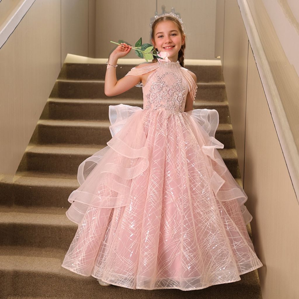 Robe de Soirée pour Fille, Coupe A-Line/Princesse, Sans Manches, avec Perles et Appliques en Strass