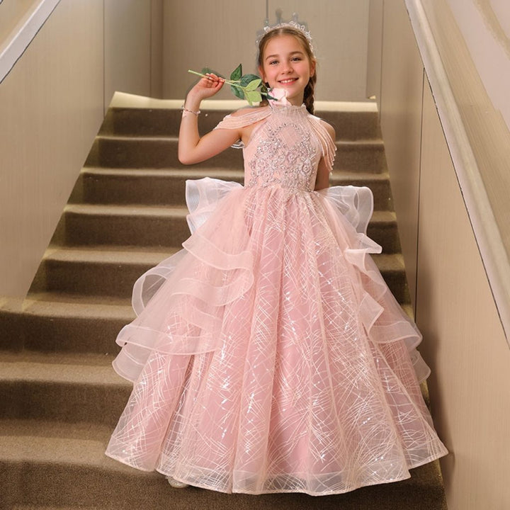 Robe de Soirée pour Fille, Coupe A-Line/Princesse, Sans Manches, avec Perles et Appliques en Strass