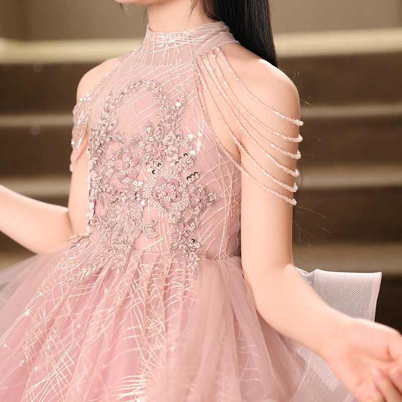 Robe de Soirée pour Fille, Coupe A-Line/Princesse, Sans Manches, avec Perles et Appliques en Strass