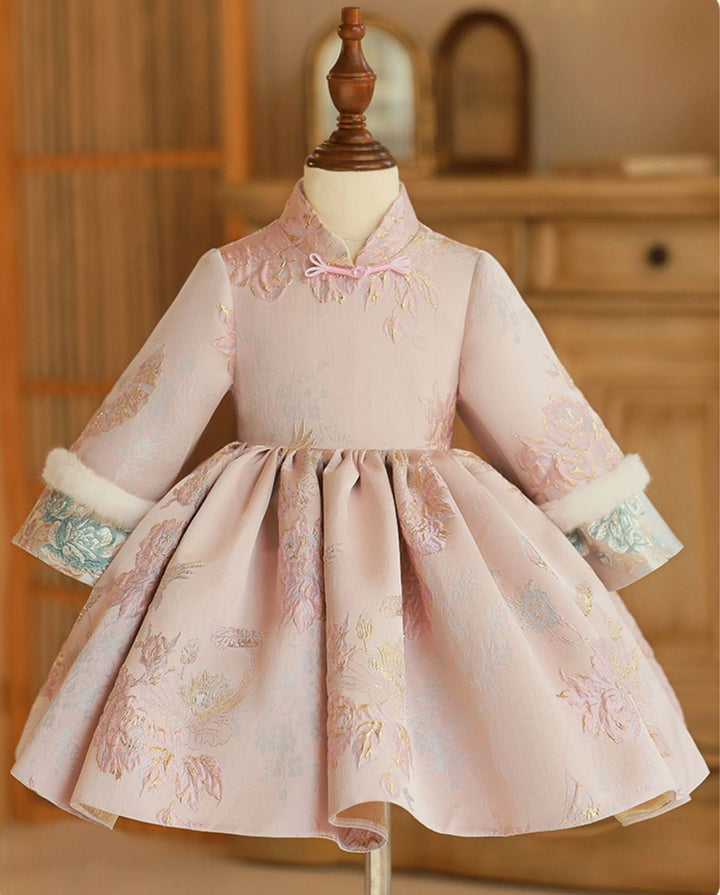 Robe D'Hiver à Manches Longues et Col Haut pour Bébé Fille avec Broderie et Écharpe Amovible