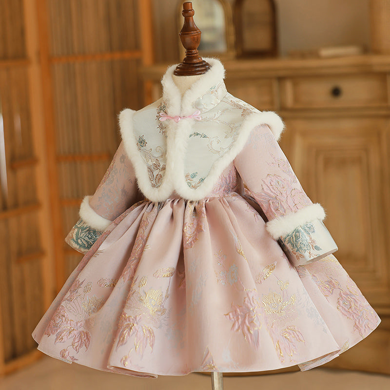 Robe D'Hiver à Manches Longues et Col Haut pour Bébé Fille avec Broderie et Écharpe Amovible