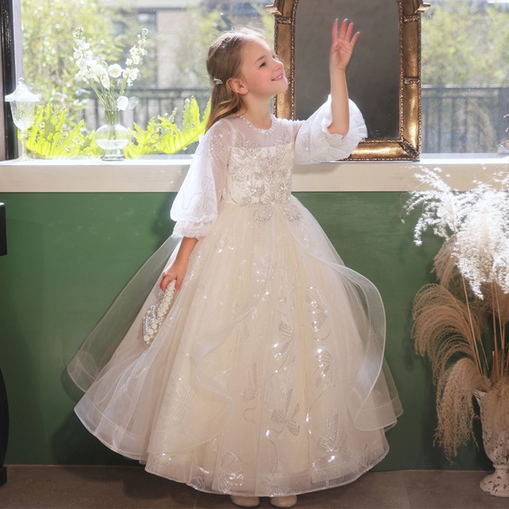 Robe de Soirée A-Line/Princess à Manches 3/4 en Dentelle avec Appliques en Strass pour Fille