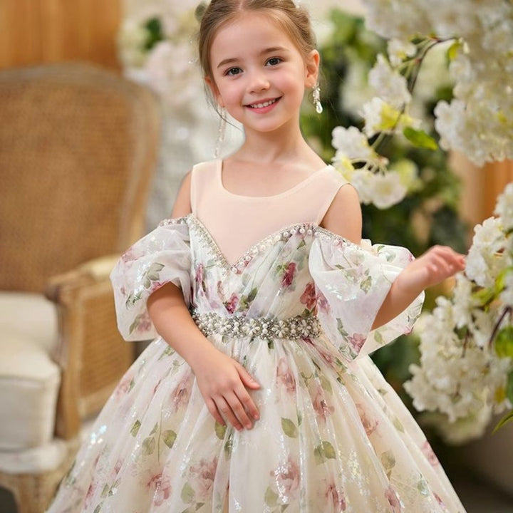 Robe de Soirée Princesse à Épaules Dénudées avec Ceinture en Strass et Traîne