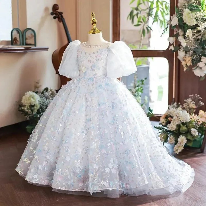 Robe de Soirée Princesse à Manches Courtes pour Fille avec Appliques de Fleurs en Cristal
