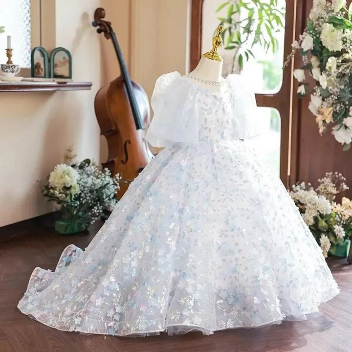 Robe de Soirée Princesse à Manches Courtes pour Fille avec Appliques de Fleurs en Cristal