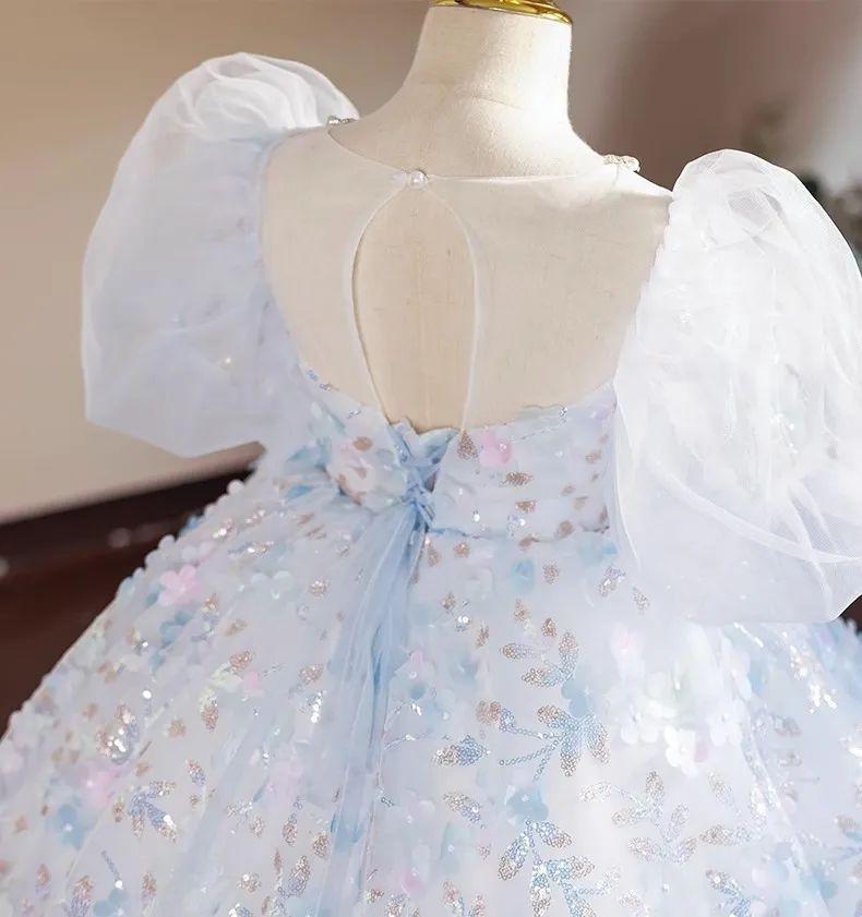 Robe de Soirée Princesse à Manches Courtes pour Fille avec Appliques de Fleurs en Cristal