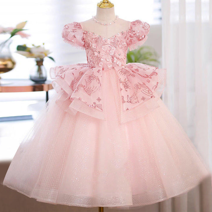 Robe de Soirée à Col Rond et Manches Courtes pour Fille avec Strass et Fleurs