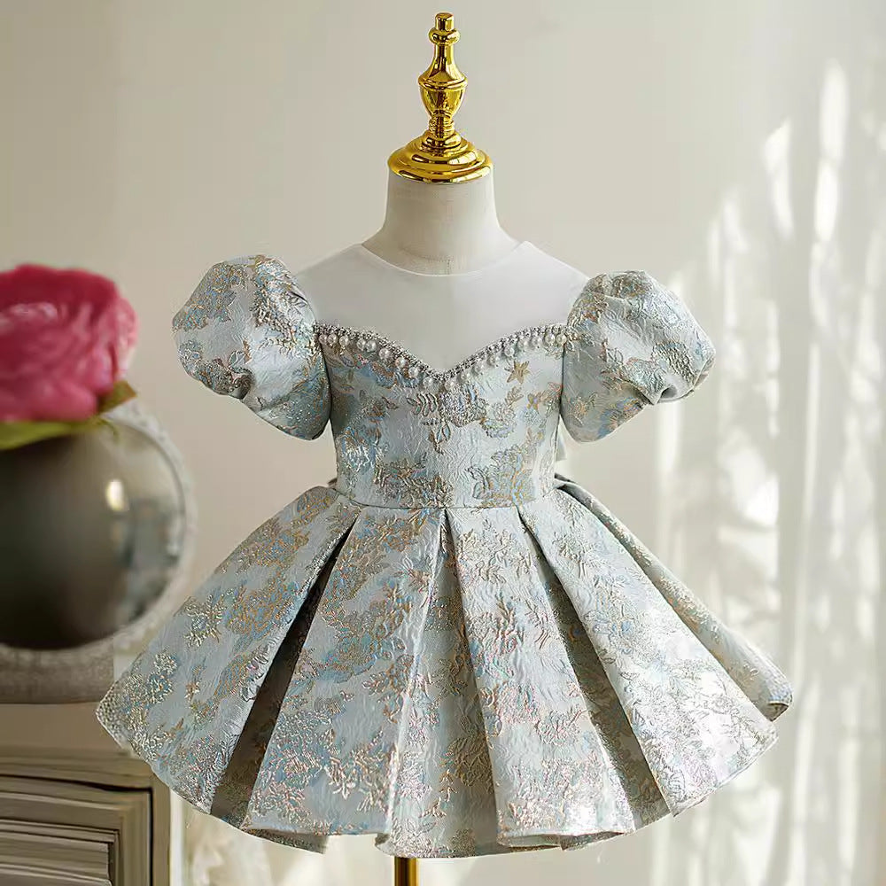 Robe de Soirée pour Bébé Fille, Longueur Genou, Col Rond, Manches Courtes, Broderie, avec Nœud