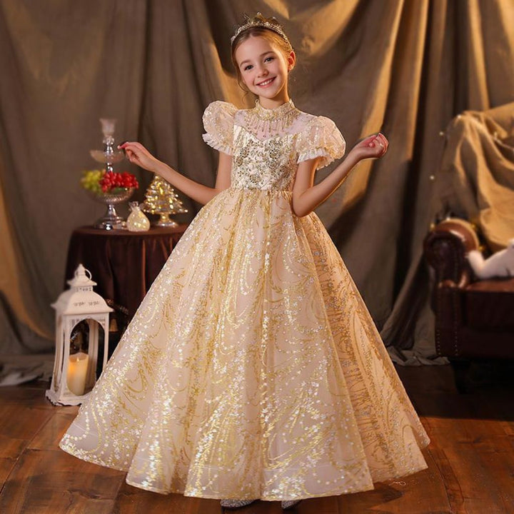 Robe de Soirée Trapèze/Princesse à Manches Courtes et Longueur Au Sol pour Fille avec Appliques en Strass