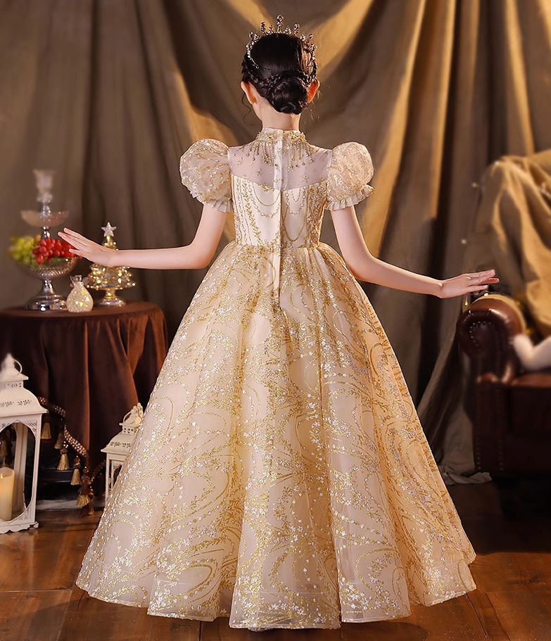 Robe de Soirée Trapèze/Princesse à Manches Courtes et Longueur Au Sol pour Fille avec Appliques en Strass