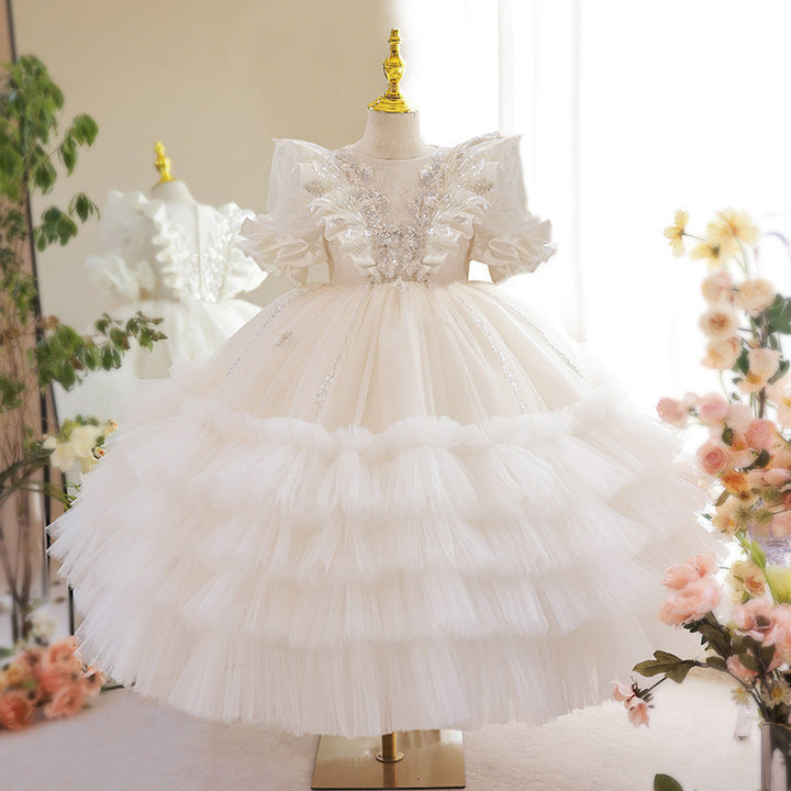 Robe de Soirée à Manches Courtes pour Fille avec Appliques en Dentelle Perlée