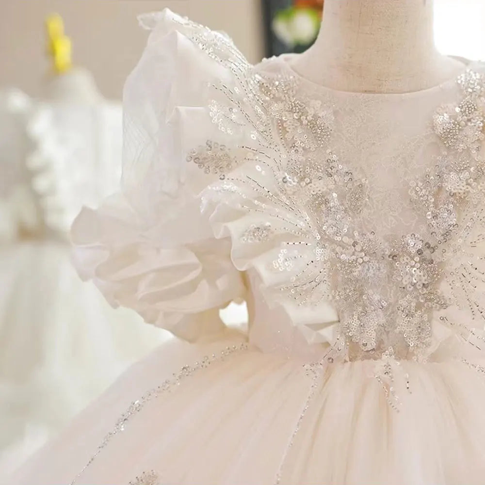 Robe de Soirée à Manches Courtes pour Fille avec Appliques en Dentelle Perlée