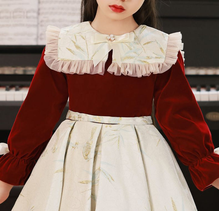 Robe de Soirée Trapèze à Manches Longues et Col Rond pour Fille avec Nœud Papillon