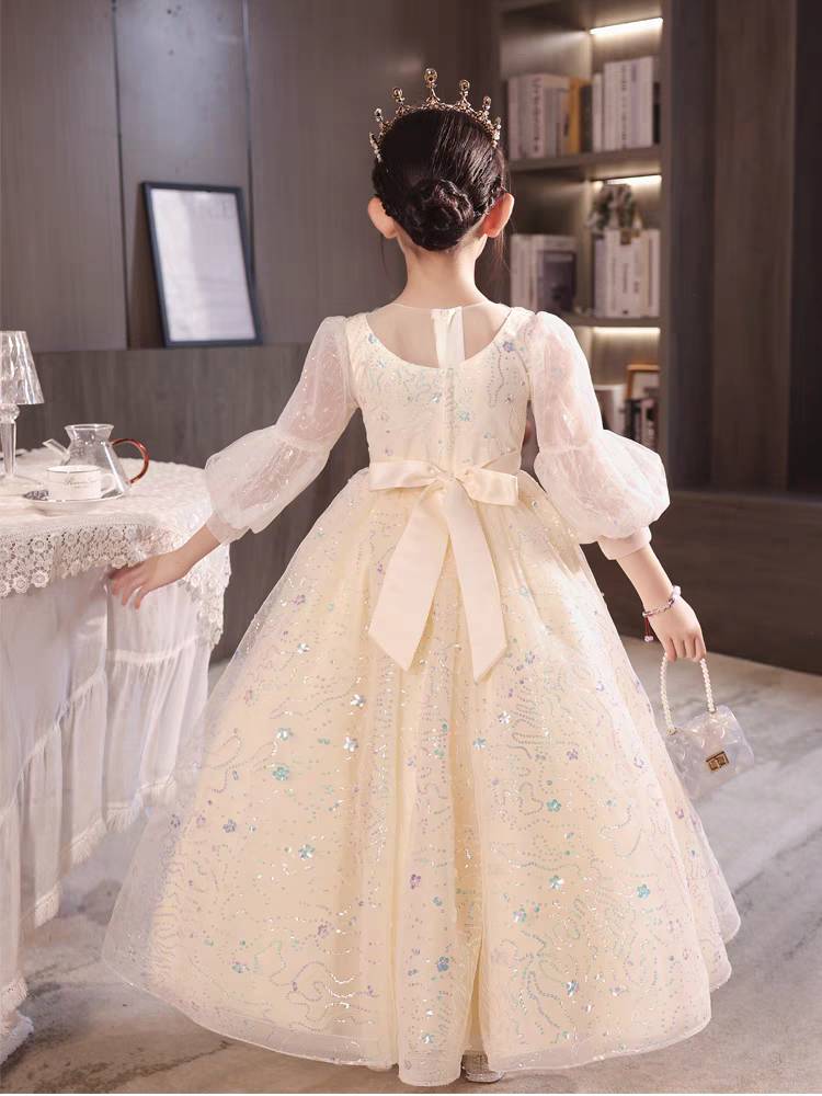 Robe de Soirée en Dentelle à Manches 3/4 et Col Rond pour Fille, Coupe Trapèze/Princesse, avec Appliques en Strass