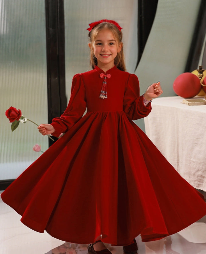 Robes de Soirée pour Filles à Manches Longues, Longueur Au Sol, Col Haut, Coupe A-Line/Princesse