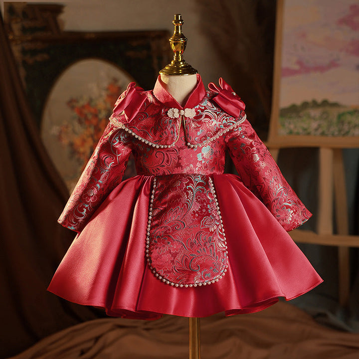 Robe de Soirée pour Bébé Fille, Longueur Genou, Col Haut, Manches Longues, Broderie, avec Nœud