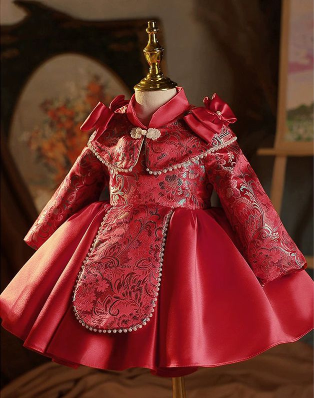 Robe de Soirée pour Bébé Fille, Longueur Genou, Col Haut, Manches Longues, Broderie, avec Nœud