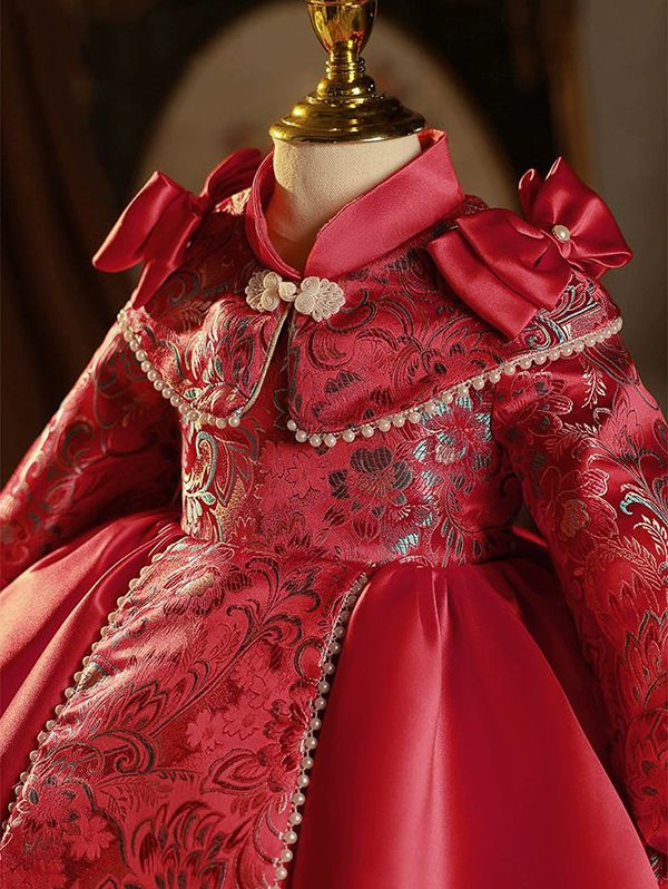 Robe de Soirée pour Bébé Fille, Longueur Genou, Col Haut, Manches Longues, Broderie, avec Nœud