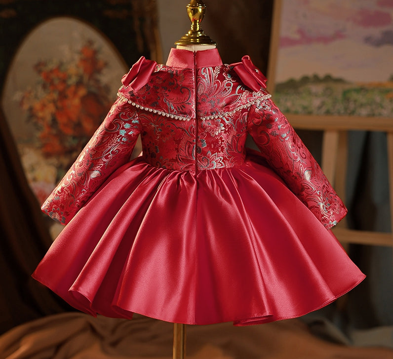 Robe de Soirée pour Bébé Fille, Longueur Genou, Col Haut, Manches Longues, Broderie, avec Nœud