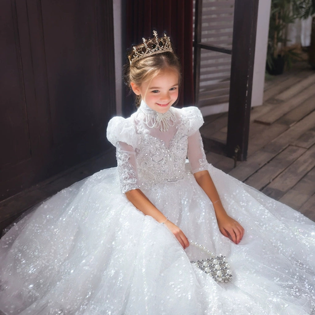 Robe de Soirée en Dentelle à Manches 3/4 de Forme A/Princesse pour Fille avec Appliques en Strass