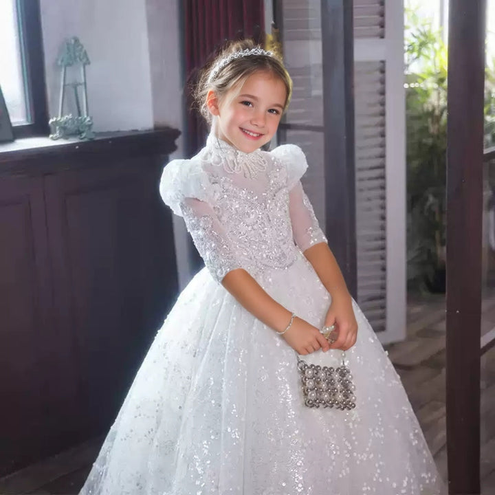 Robe de Soirée en Dentelle à Manches 3/4 de Forme A/Princesse pour Fille avec Appliques en Strass