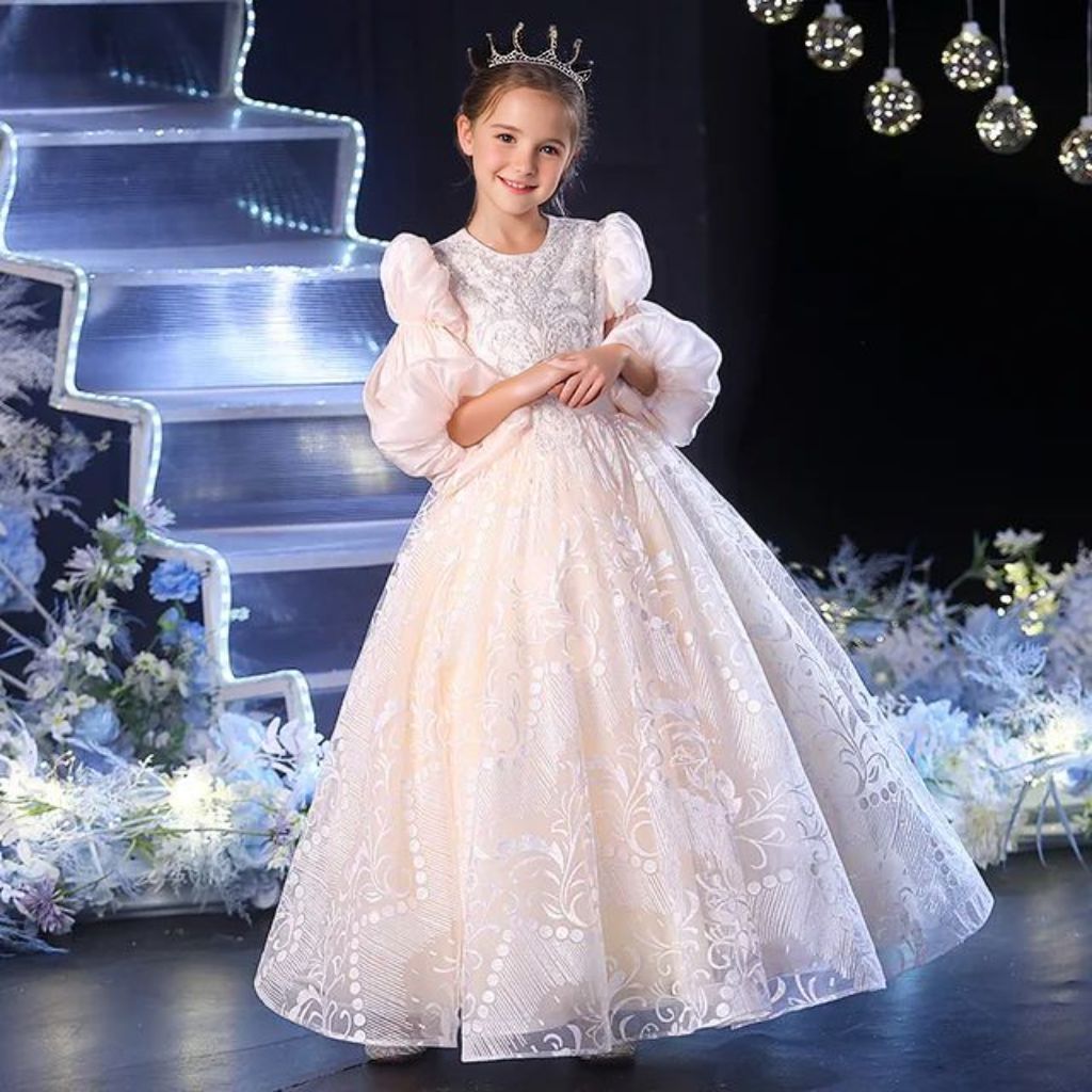 Robe de Soirée en Dentelle à Manches 3/4 et Col Rond pour Fille avec Appliques en Strass