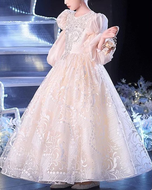 Robe de Soirée en Dentelle à Manches 3/4 et Col Rond pour Fille avec Appliques en Strass
