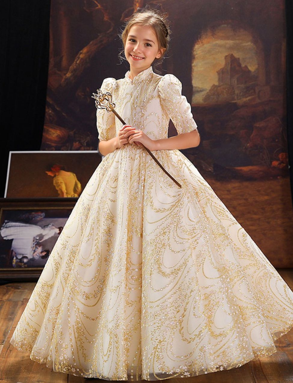 Robe de Bal à Manches Mi-Longues et Col Haut avec Broderie pour Demoiselle D'Honneur pour Fête avec Cristal